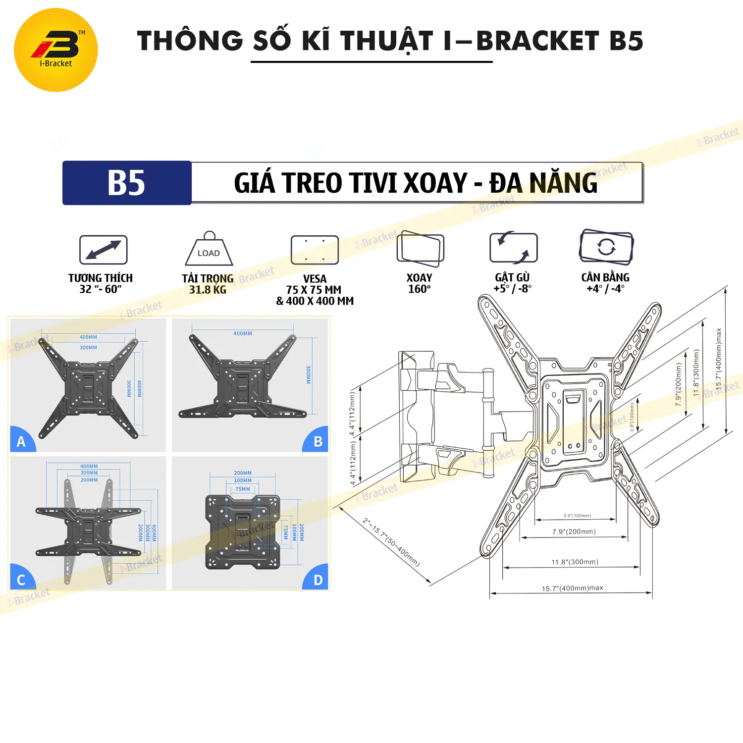 Giá Treo Tivi Xoay Góc Đa Năng I-BRACKET B5 32 – 60 Inch - Ảnh 9
