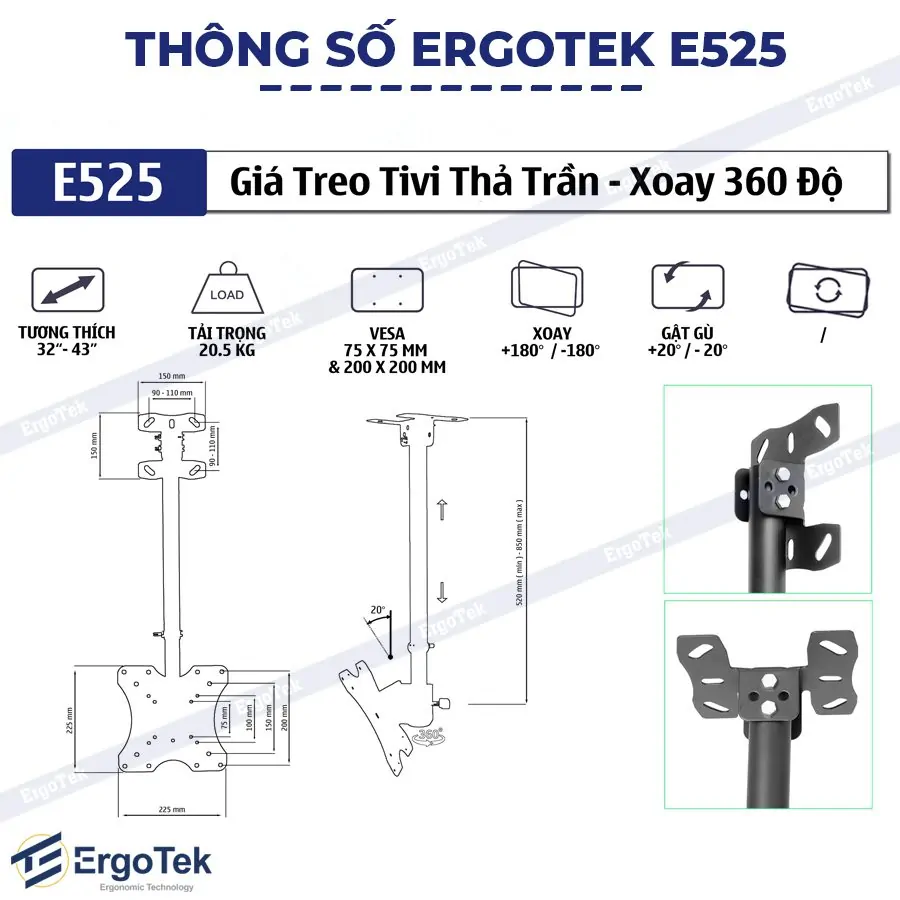 Giá treo tivi thả trần  ERGOTEK E525 32 – 43 Inch – xoay 360 độ - Ảnh 3