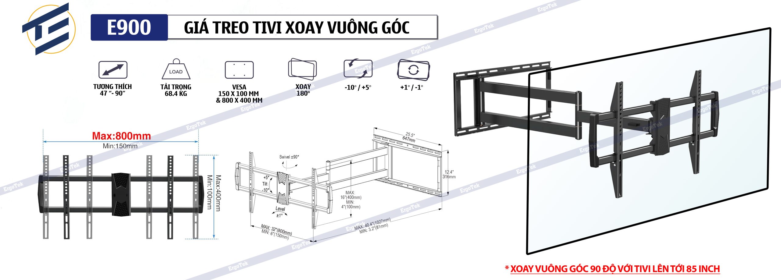 GIÁ TREO TIVI XOAY VUÔNG GÓC ERGOTEK E900 47 – 90 INCH - Ảnh 2